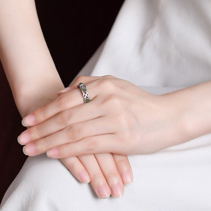 KarmaRipple's 925 Sterling Silver Plated Gold Cyan Jade Woven Design Success Fortune Adjustable Ring p9