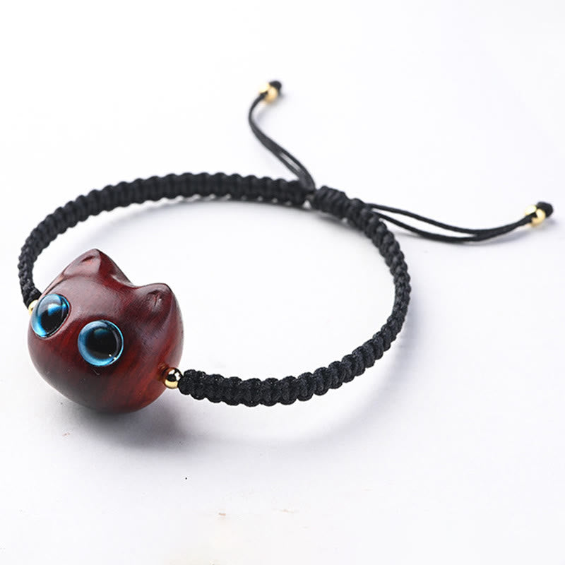 KarmaRipple's Small Leaf Red Sandalwood Ebony Wood Cute Cat Head Calm Protection Woven Bracelet p6