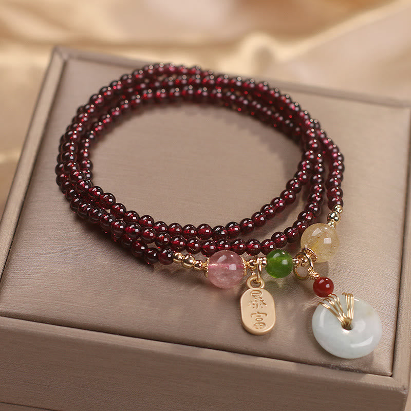 KarmaRipple's Authentic Garnet Strawberry Quartz Gemstone Fox Koi Fish Peace Buckle Fortune Protection Triple Wrap Bracelet p12