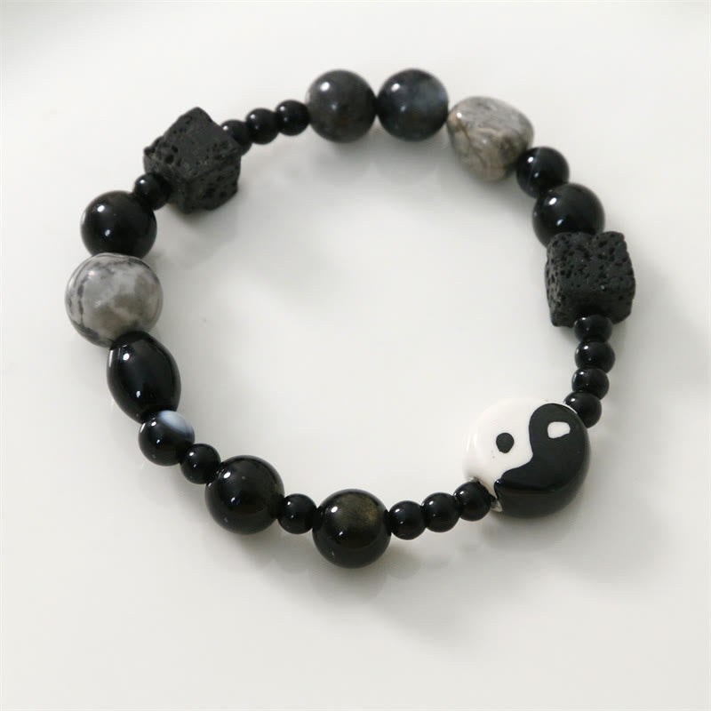 KarmaRipple's Black Onyx Picasso Jasper Bead Yin Yang Fortune Protection Bracelet p10