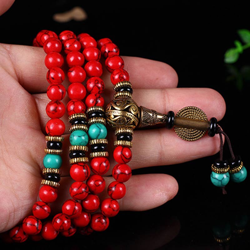 KarmaRipple's Tibetan Mala Red Turquoise Fortunate Pendant Bracelet p10