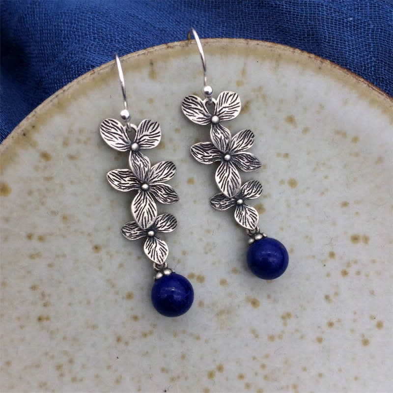 KarmaRipple's 925 Sterling Silver Turquoise Lazurite Flower Leaf Serenity Protection Hook Drop Dangle Earrings p2