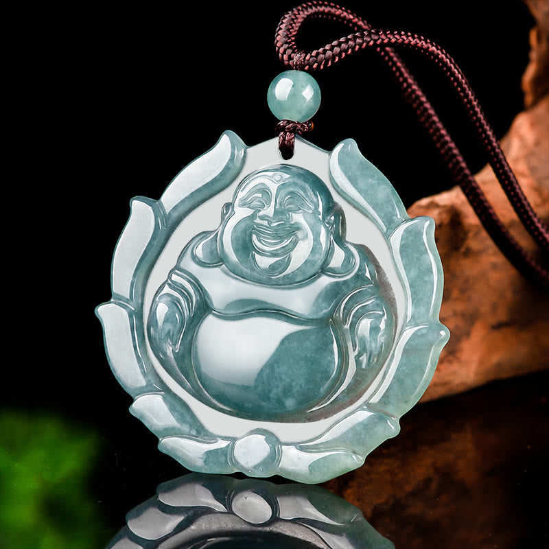 KarmaRipple's Authentic Jade Laughing Buddha Lotus Pattern Fortune Pendant Necklace p2