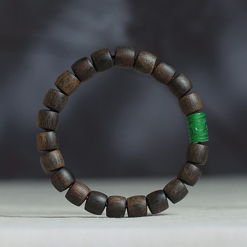 KarmaRipple's Nha Trang Rare Bai Qinan Agarwood Cyan Jade Red Agate Laughing Buddha Tibetan Bone Strength Meditation Bracelet p32
