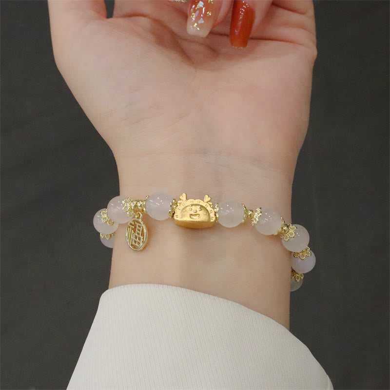 KarmaRipple's Year Of The Dragon Red Agate Strawberry Quartz Black Obsidian Jade Garnet Pearl Cinnabar Dumpling Dragon Fortune Fu Character Bracelet p16