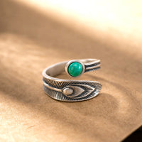 KarmaRipple's 925 Sterling Silver Malachite Bead Feather Protection Ring