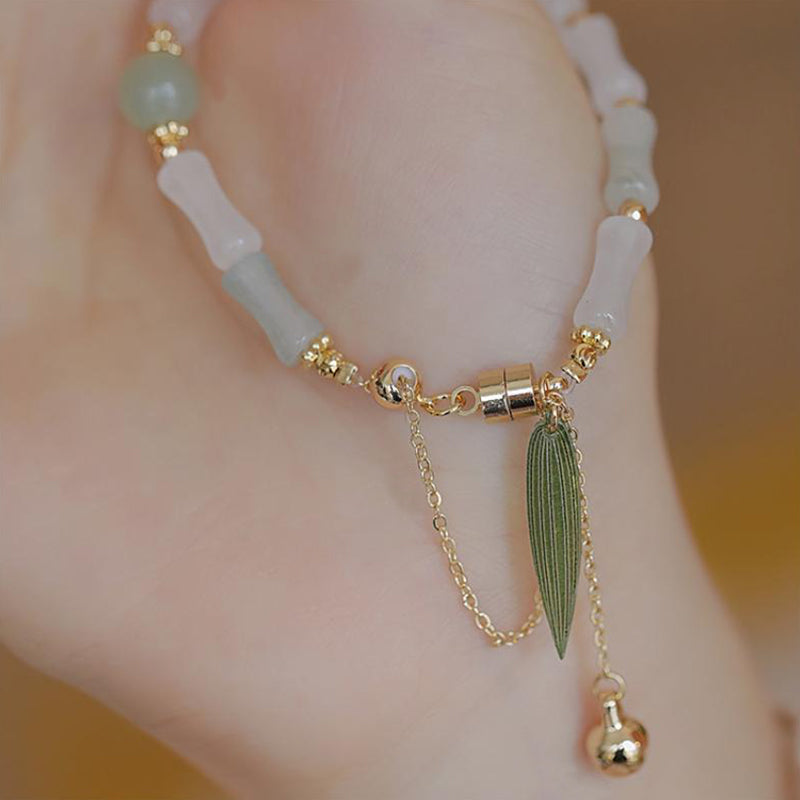 KarmaRipple's 14K Gold Plated Hetian Ivory Jade Bamboo Leaf Fortune Protection Bracelet p8