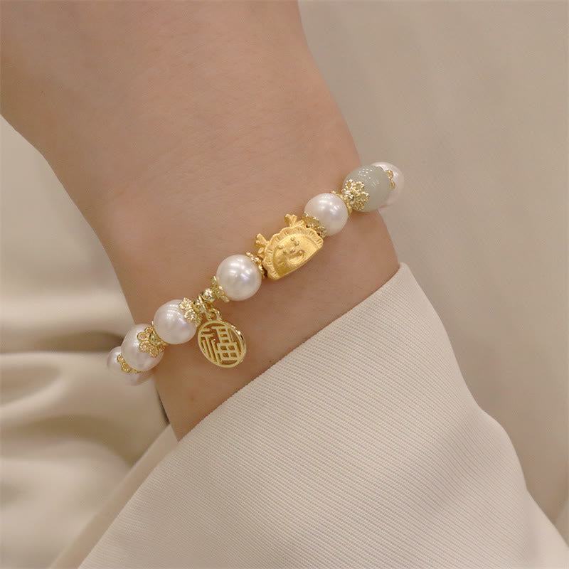 KarmaRipple's Year Of The Dragon Red Agate Strawberry Quartz Black Obsidian Jade Garnet Pearl Cinnabar Dumpling Dragon Fortune Fu Character Bracelet p30