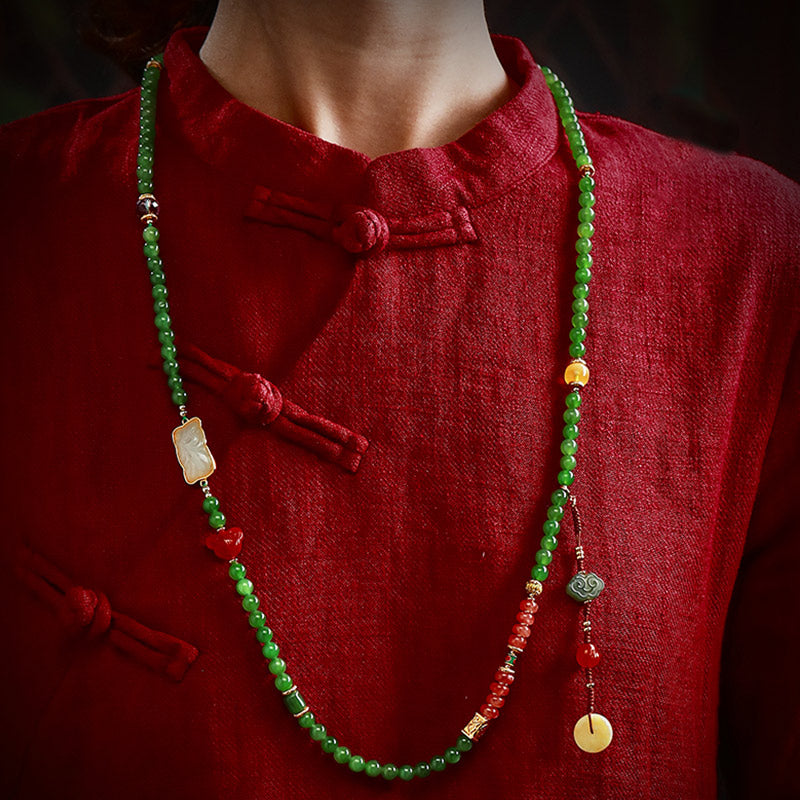 KarmaRipple's 108 Mala Beadwork Cyan Jade Red Agate Laughing Buddha Fortune Bracelet p5