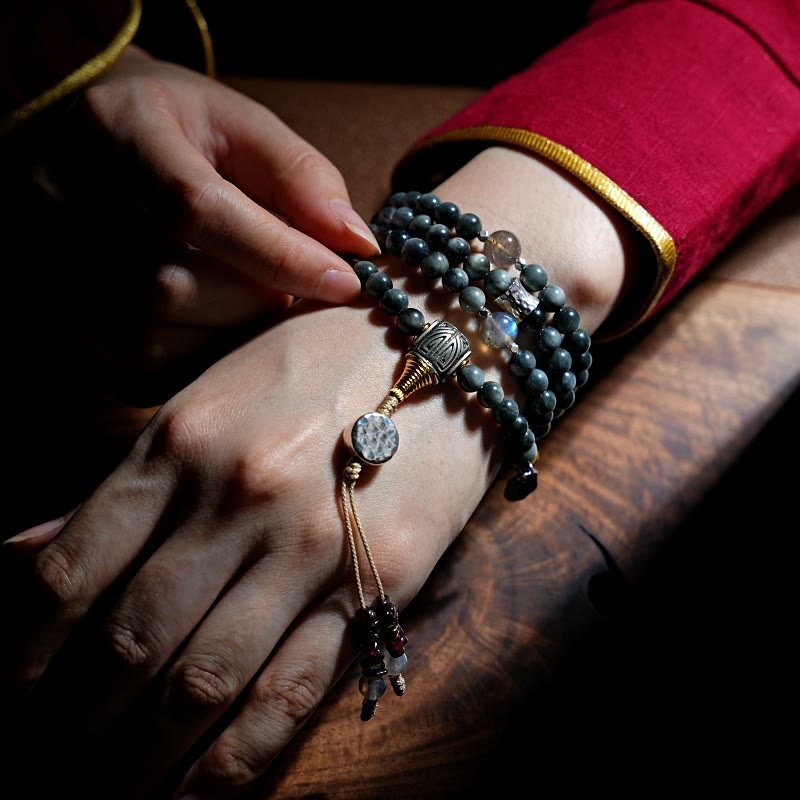 KarmaRipple's 925 Sterling Silver 108 Mala Beadwork Eagle's Eye Stone Moonstone'sitive Bracelet p15