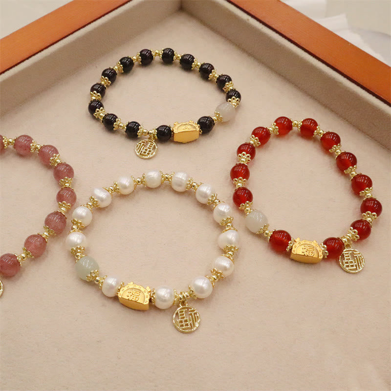 KarmaRipple's Year Of The Dragon Red Agate Strawberry Quartz Black Obsidian Jade Garnet Pearl Cinnabar Dumpling Dragon Fortune Fu Character Bracelet p39
