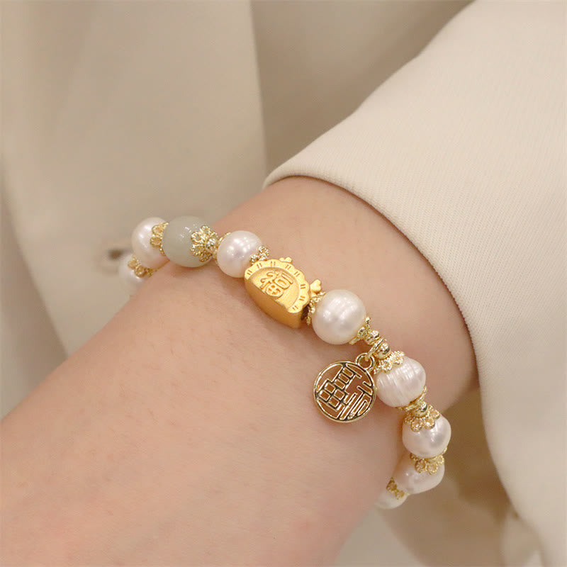 KarmaRipple's Year Of The Dragon Red Agate Strawberry Quartz Black Obsidian Jade Garnet Pearl Cinnabar Dumpling Dragon Fortune Fu Character Bracelet p32