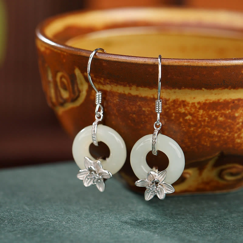 KarmaRipple's 925 Sterling Silver Hetian Jade Peace Buckle Orchid Prosperity Earrings p2