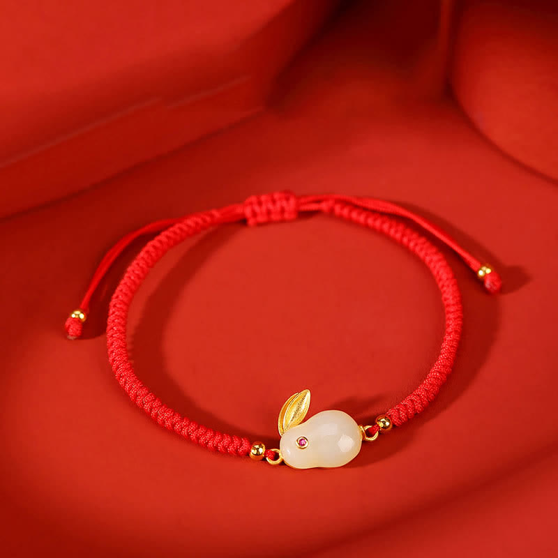 KarmaRipple's 925 Sterling Silver Year of the Rabbit Hetian Ivory Jade Fortune Red String Protection Bracelet p1
