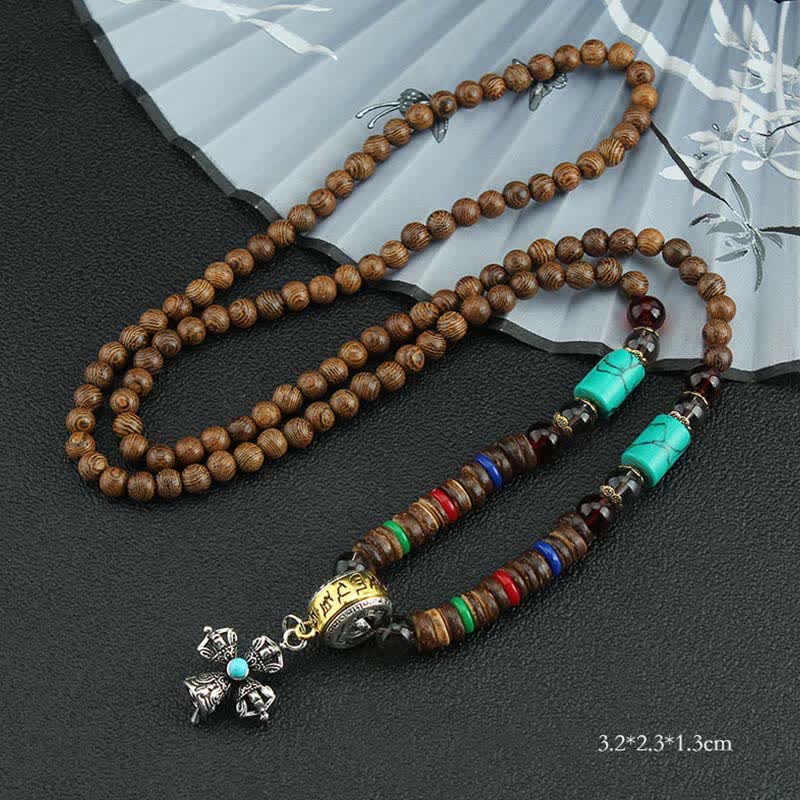 KarmaRipple's Tibetan Om Mani Padme Hum Prayer Wheel Rotation Vajra Wood Pendant Necklace p36