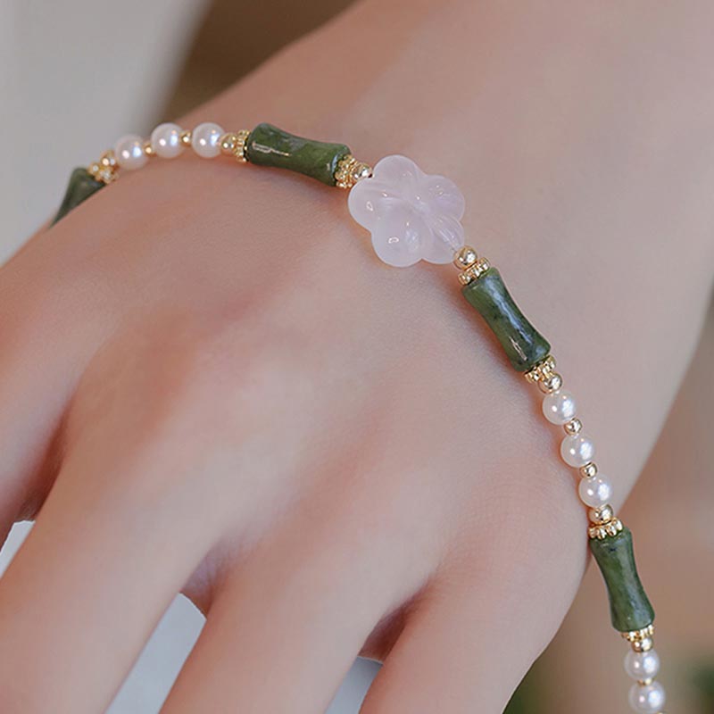 KarmaRipple's Peridot Bamboo Flower Agate Pearl Peace Bracelet p3