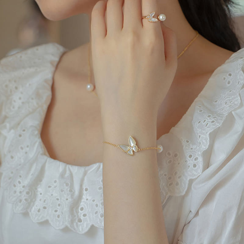 KarmaRipple's 14K Gold Plated Bronze Pearl Tridacna Stone Butterfly Blessing Ring Bracelet Pendant Necklace Earrings Set p11