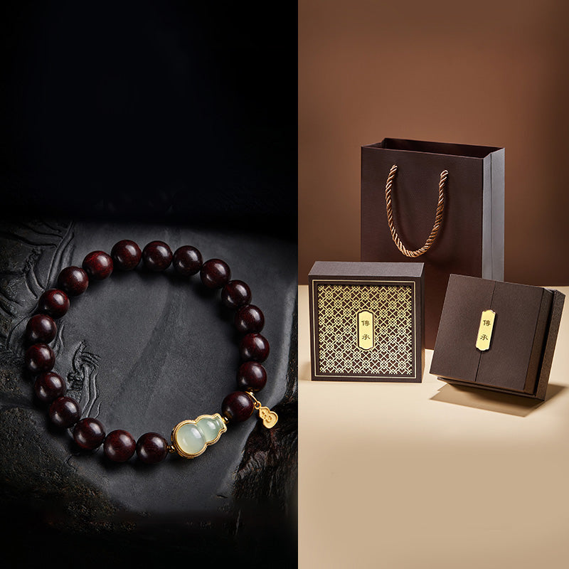 KarmaRipple's Small Leaf Red Sandalwood Gourd Jade Calm Relaxation Bracelet p2