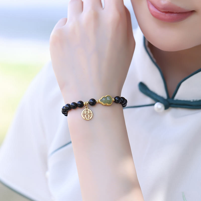 KarmaRipple's Authentic Black Obsidian Hetian Jade Gourd Double Happiness Strength Bracelet p6
