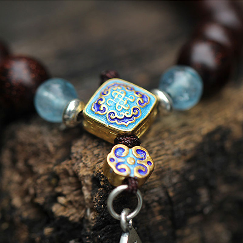 KarmaRipple's 925 Sterling Silver Indian Small Leaf Red Sandalwood Aquamarine Full of Gold Star Chinese Knotting Blessing Bracelet p14