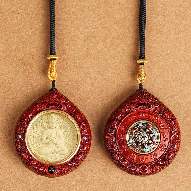 KarmaRipple's Chinese Zodiac Avalokitesvara Small Leaf Red Sandalwood Ebony Longevity Pendant Necklace p24