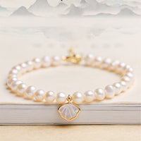 KarmaRipple's 14K Gold Plated Authentic Pearl Gemstone Shell Talisman Bead Bracelet