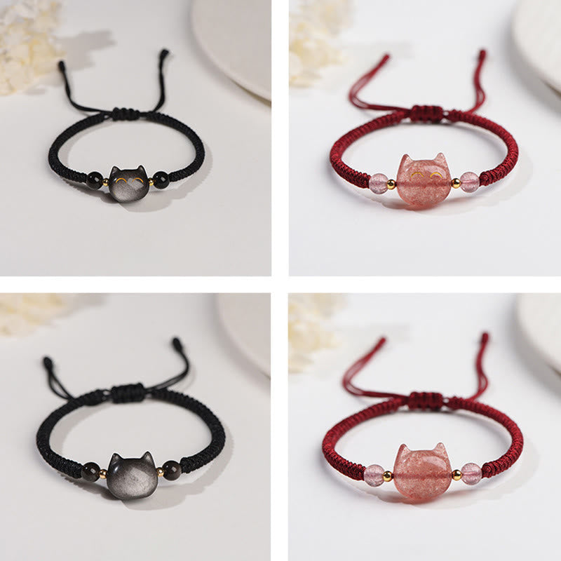 KarmaRipple's Handmade Authentic Silver Sheen Obsidian Strawberry Quartz Cute Cat Protection Woven Bracelet p14