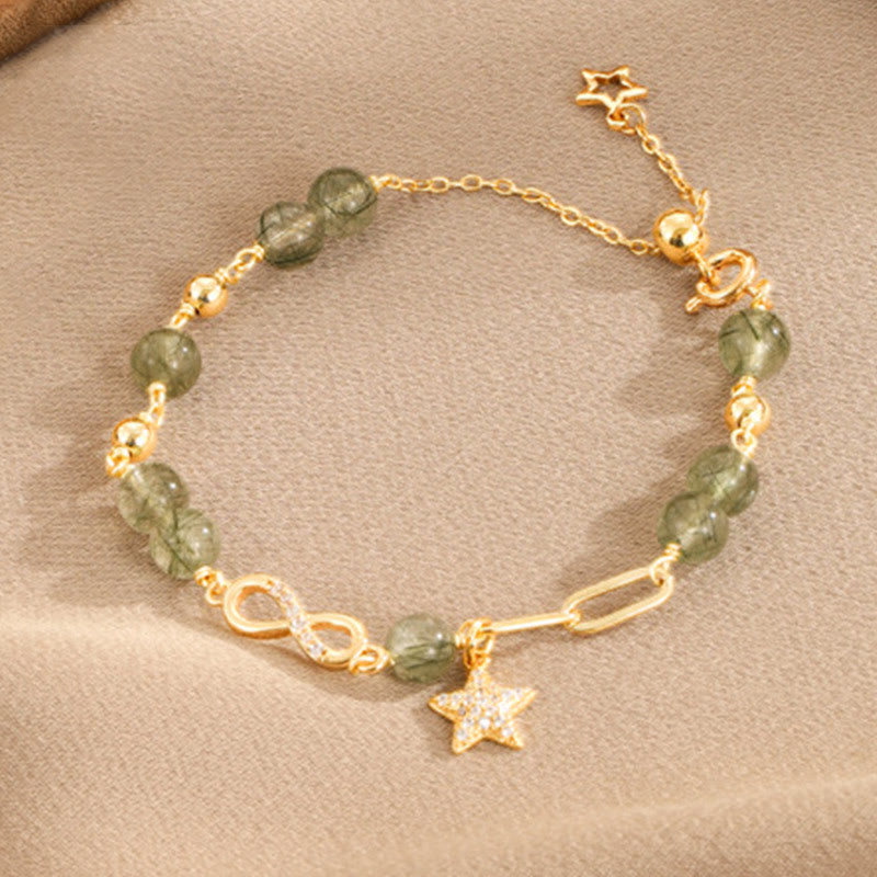 KarmaRipple's 14K Gold Green Rutilated Quartz M?bius Loop Eternal Love Star Protection Bracelet p2