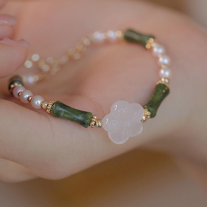 KarmaRipple's Peridot Bamboo Flower Agate Pearl Peace Bracelet p4