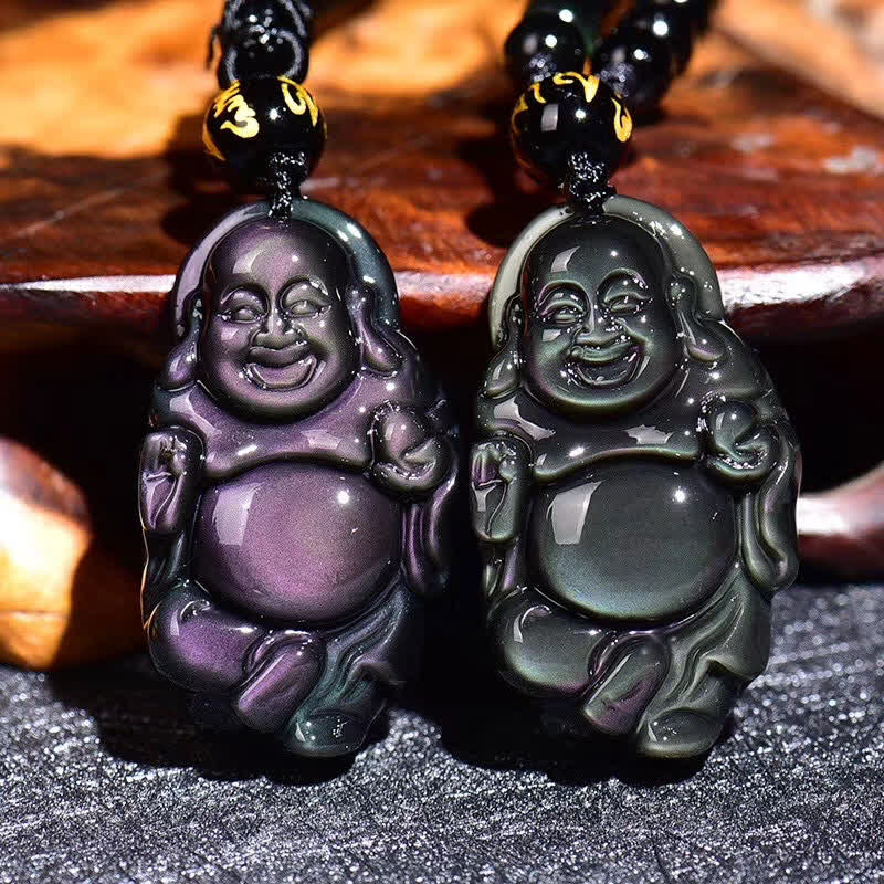 KarmaRipple's Authentic Rainbow Obsidian Laughing Buddha Inner Peace Pendant Necklace p1