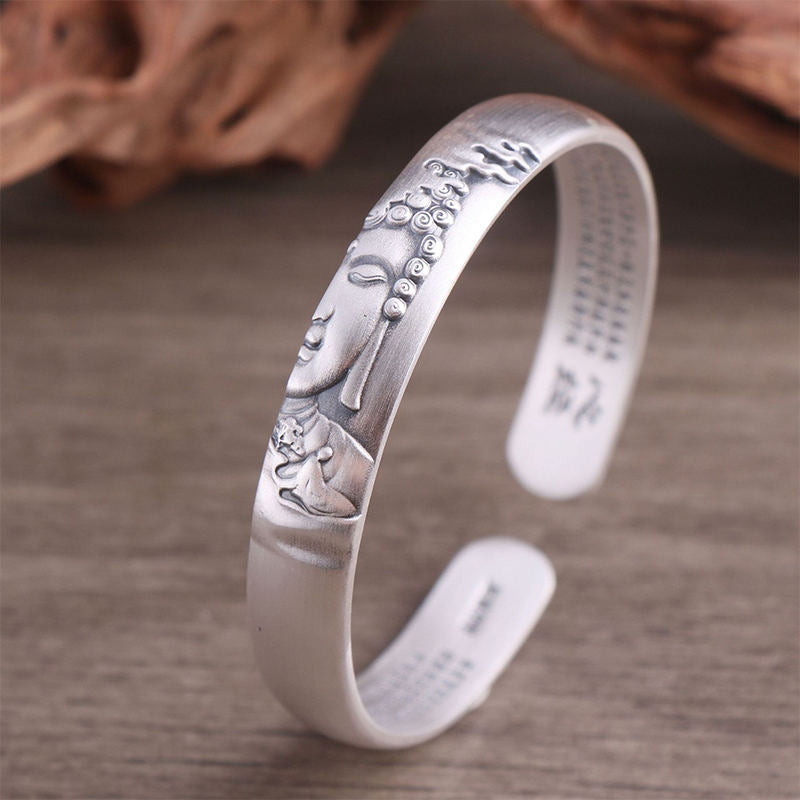 KarmaRipple's 999 Sterling Silver Buddha Head Heart Sutra Serenity Bracelet Bangle p2