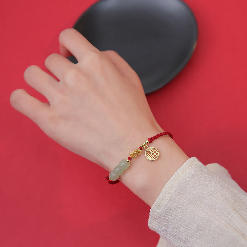 KarmaRipple's Handcrafted Jade Bead Fu Character Talisman Fortune Red Rope Bracelet p5