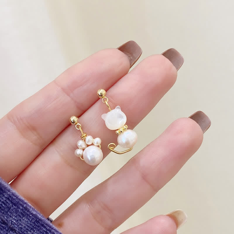 KarmaRipple's Cute Cat Paw Pearl Wisdom Stud Drop Earrings p2