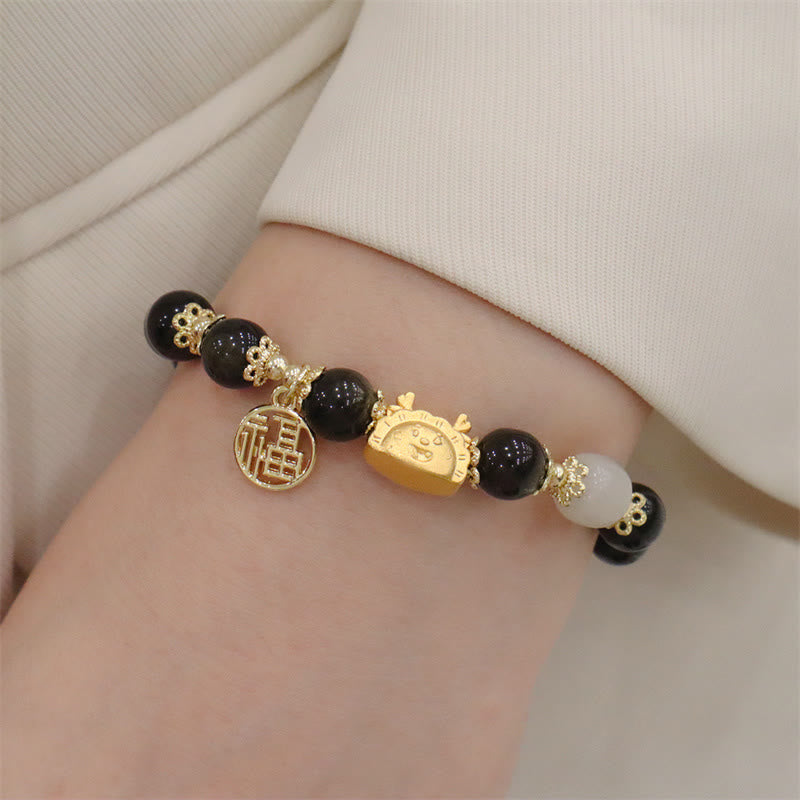 KarmaRipple's Year Of The Dragon Red Agate Strawberry Quartz Black Obsidian Jade Garnet Pearl Cinnabar Dumpling Dragon Fortune Fu Character Bracelet p46
