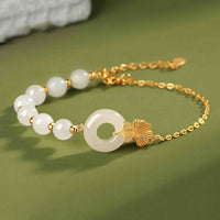 KarmaRipple's 925 Sterling Silver Hetian Ivory Jade Peace Buckle Ginkgo Leaf Fortune Bracelet