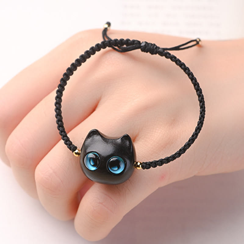 KarmaRipple's Small Leaf Red Sandalwood Ebony Wood Cute Cat Head Calm Protection Woven Bracelet p14