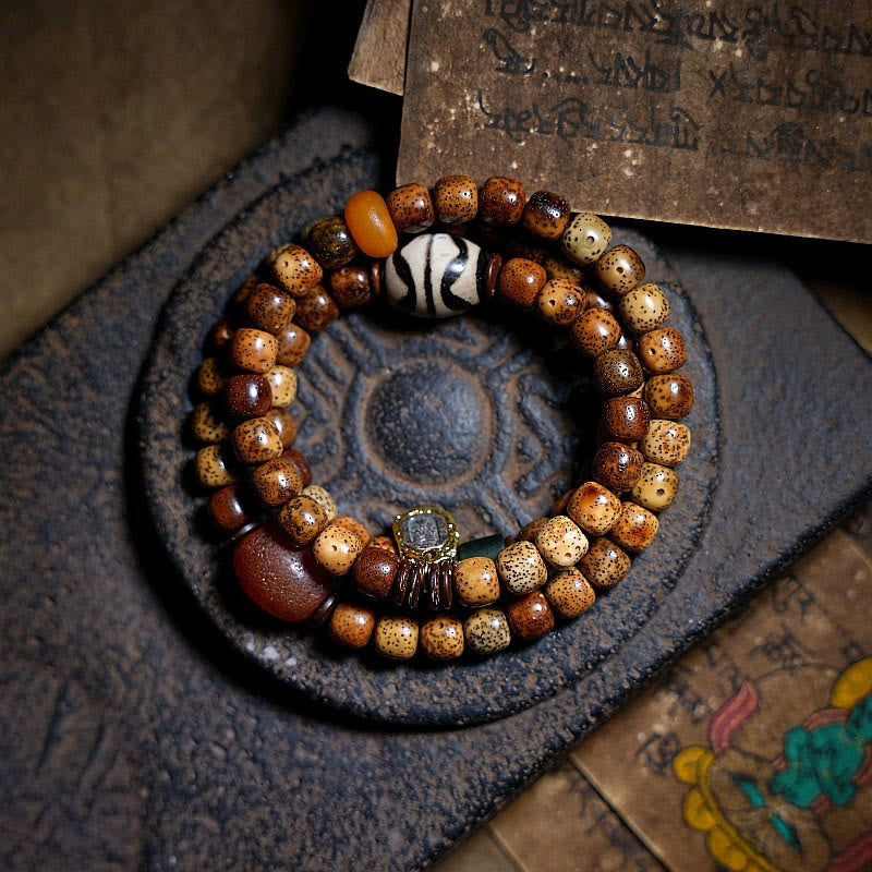 KarmaRipple's Tibetan Bodhi Seed Amber Dzi Bead Agate Zakiram Goddess of Wealth Beadwork Triple Wrap Bracelet p22
