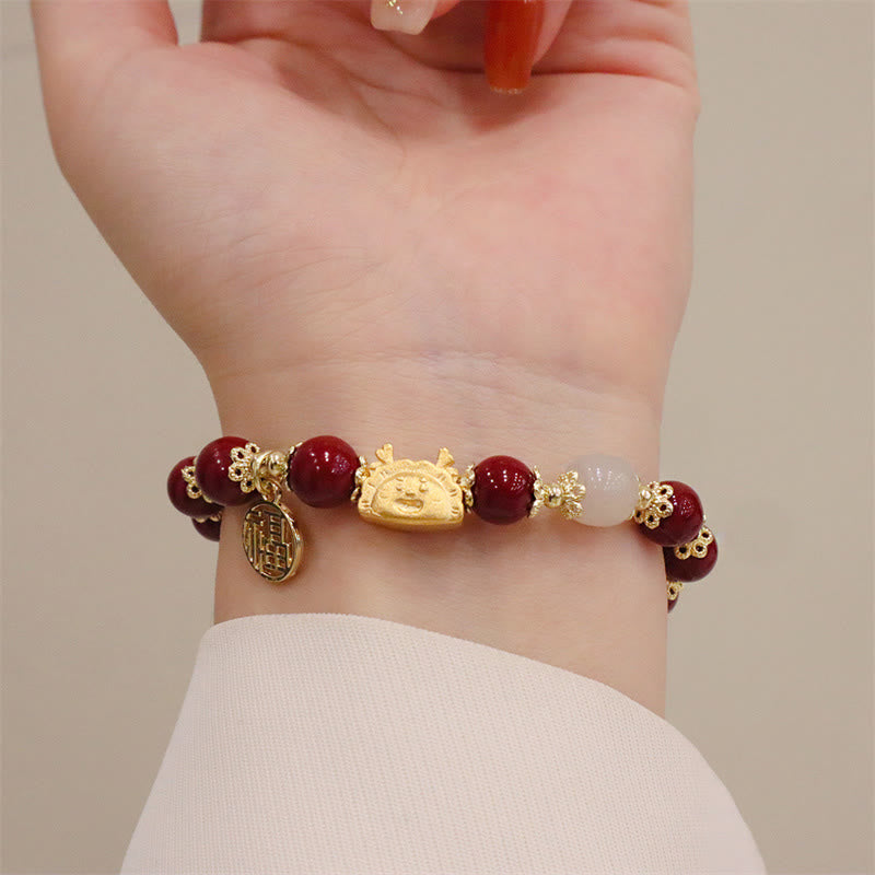 KarmaRipple's Year Of The Dragon Red Agate Strawberry Quartz Black Obsidian Jade Garnet Pearl Cinnabar Dumpling Dragon Fortune Fu Character Bracelet p36