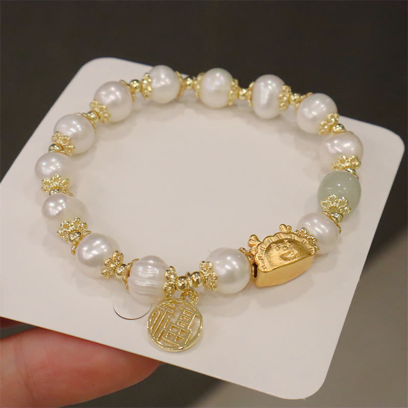 KarmaRipple's Year Of The Dragon Red Agate Strawberry Quartz Black Obsidian Jade Garnet Pearl Cinnabar Dumpling Dragon Fortune Fu Character Bracelet p49