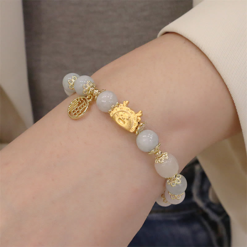 KarmaRipple's Year Of The Dragon Red Agate Strawberry Quartz Black Obsidian Jade Garnet Pearl Cinnabar Dumpling Dragon Fortune Fu Character Bracelet p23