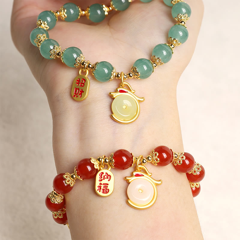 KarmaRipple's Year of the Dragon Red Agate Green Aventurine Peace Buckle Fu Character Fortunate Fortune Bracelet p13
