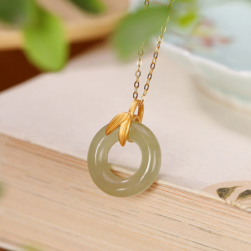 KarmaRipple's 925 Sterling Silver Cyan Jade Peace Buckle Bamboo Leaf Balance Pendant Necklace p14