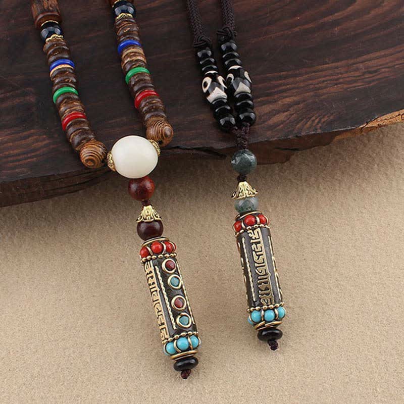 KarmaRipple's Tibetan Om Mani Padme Hum Dzi Bead Wenge Wood Pendant Necklace p4