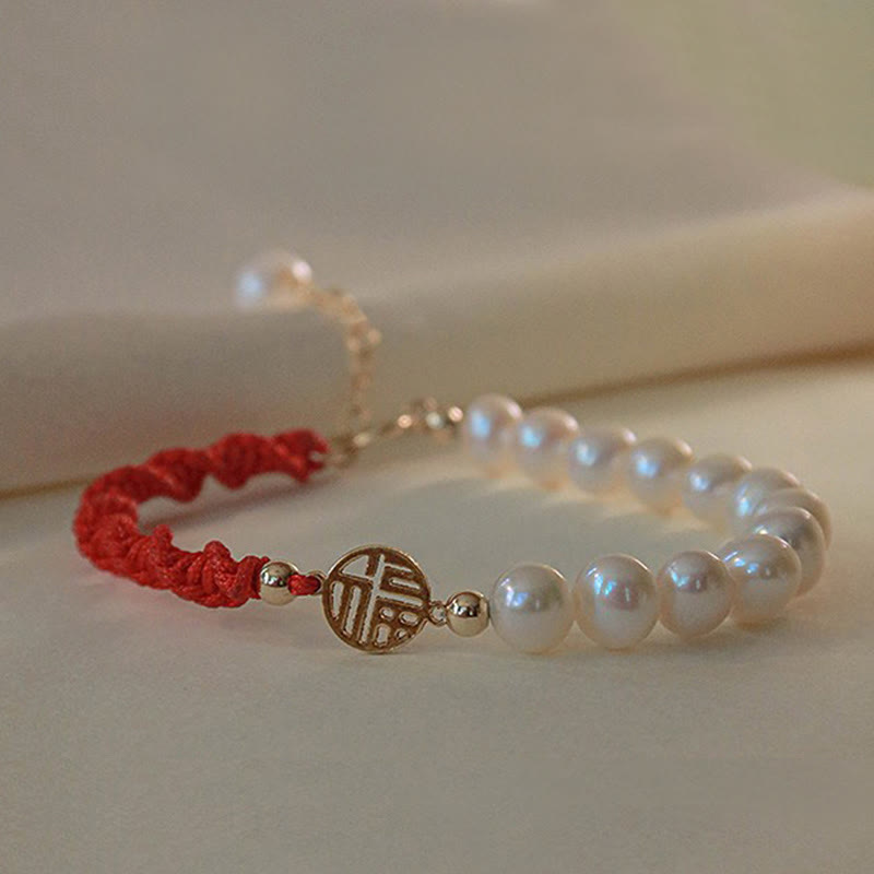KarmaRipple's 14K Gold Plated Pearl Bead Fortune Protection Braid Red String Bracelet p27