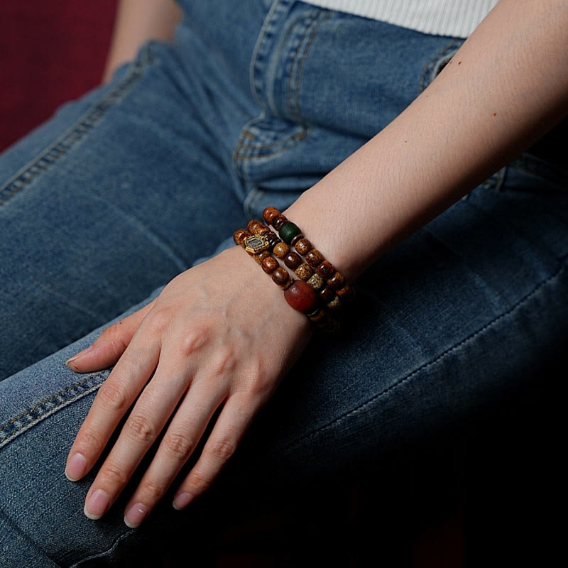 KarmaRipple's Tibetan Bodhi Seed Amber Dzi Bead Agate Zakiram Goddess of Wealth Beadwork Triple Wrap Bracelet p19