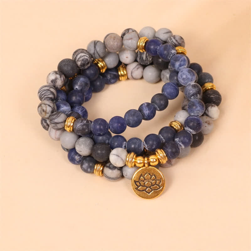 KarmaRipple's 108 Mala Beadwork Sodalite Zebra Jasper Gemstone Lotus Strength Bracelet p1