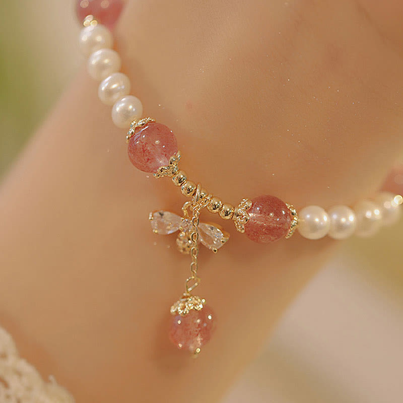 KarmaRipple's Authentic Pearl Strawberry Quartz Balancing Cute Honey Bee Talisman Bracelet p11