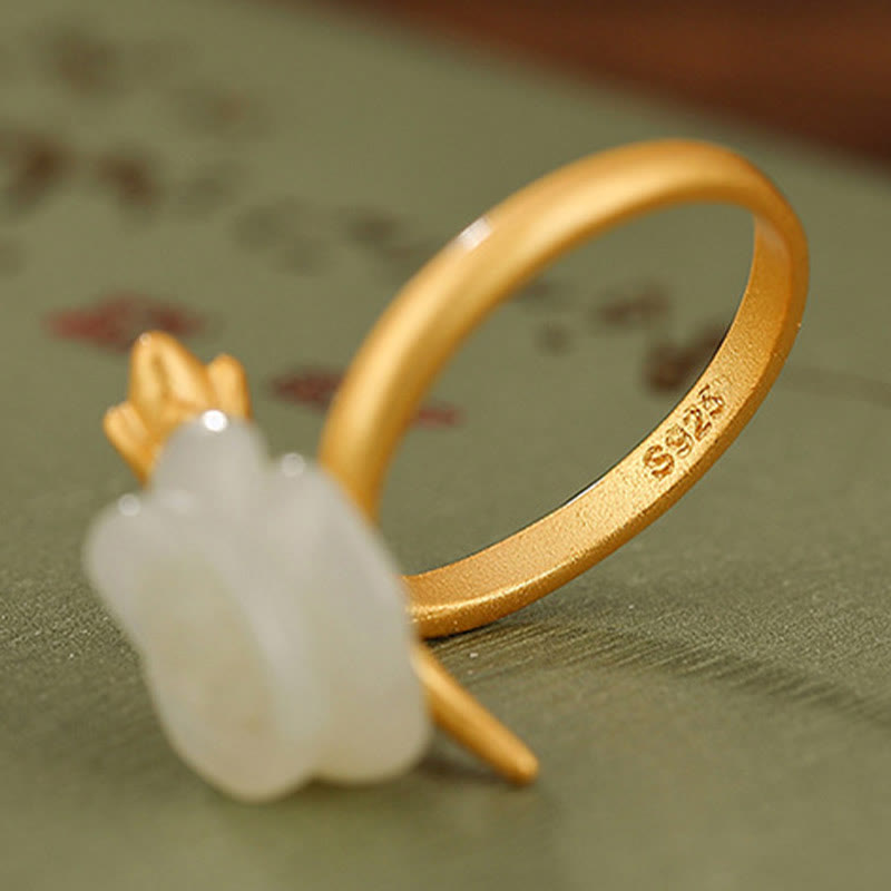 KarmaRipple's 925 Sterling Silver Plated Gold Rose Flower Hetian Ivory Jade Happiness Ring p5