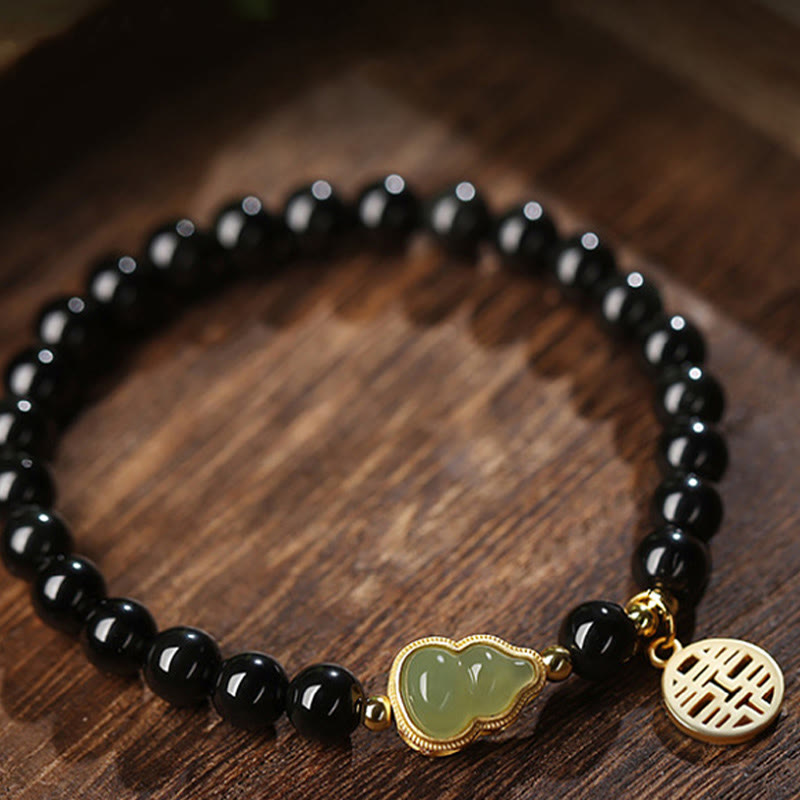 KarmaRipple's Authentic Black Obsidian Hetian Jade Gourd Double Happiness Strength Bracelet p5