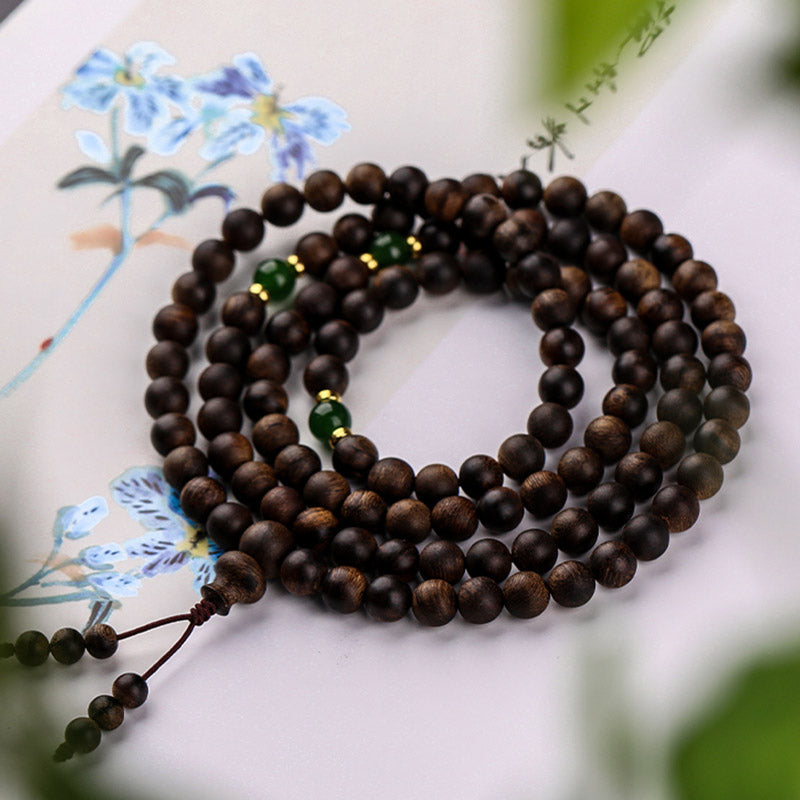 KarmaRipple's 108 Mala Beadwork Indonesia Tarakan Rare Agarwood Cyan Jade Ward Off Evil Spirits Bracelet p5